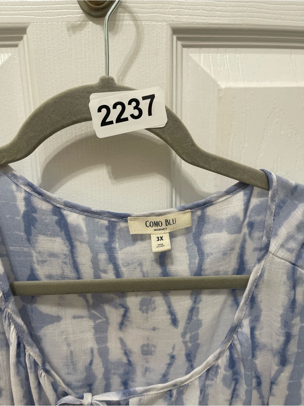 Cato Blue and White Tie-Dye Peasant Blouse with Front Tie - Picture 8 of 13